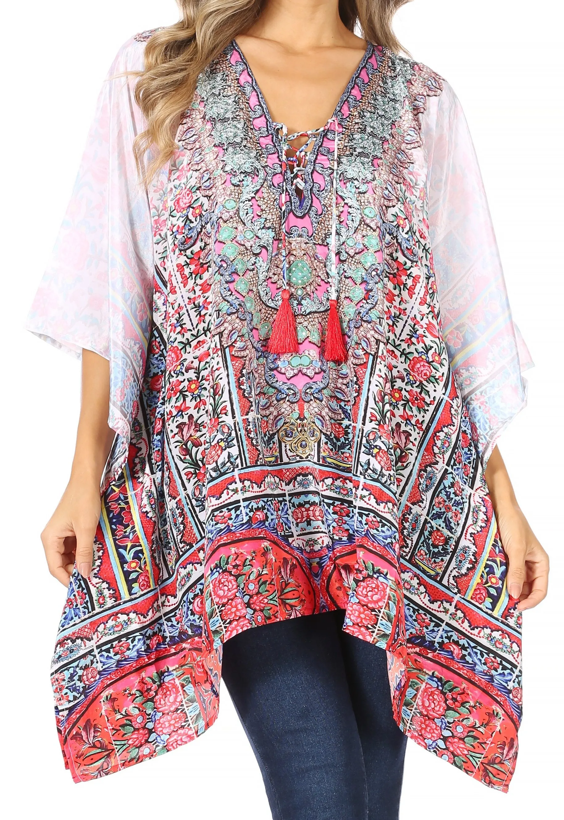 Stylish Rhinestone Lace-Up V-Neck Women's Caftan Poncho Cover-Up by Sakkas Aymee