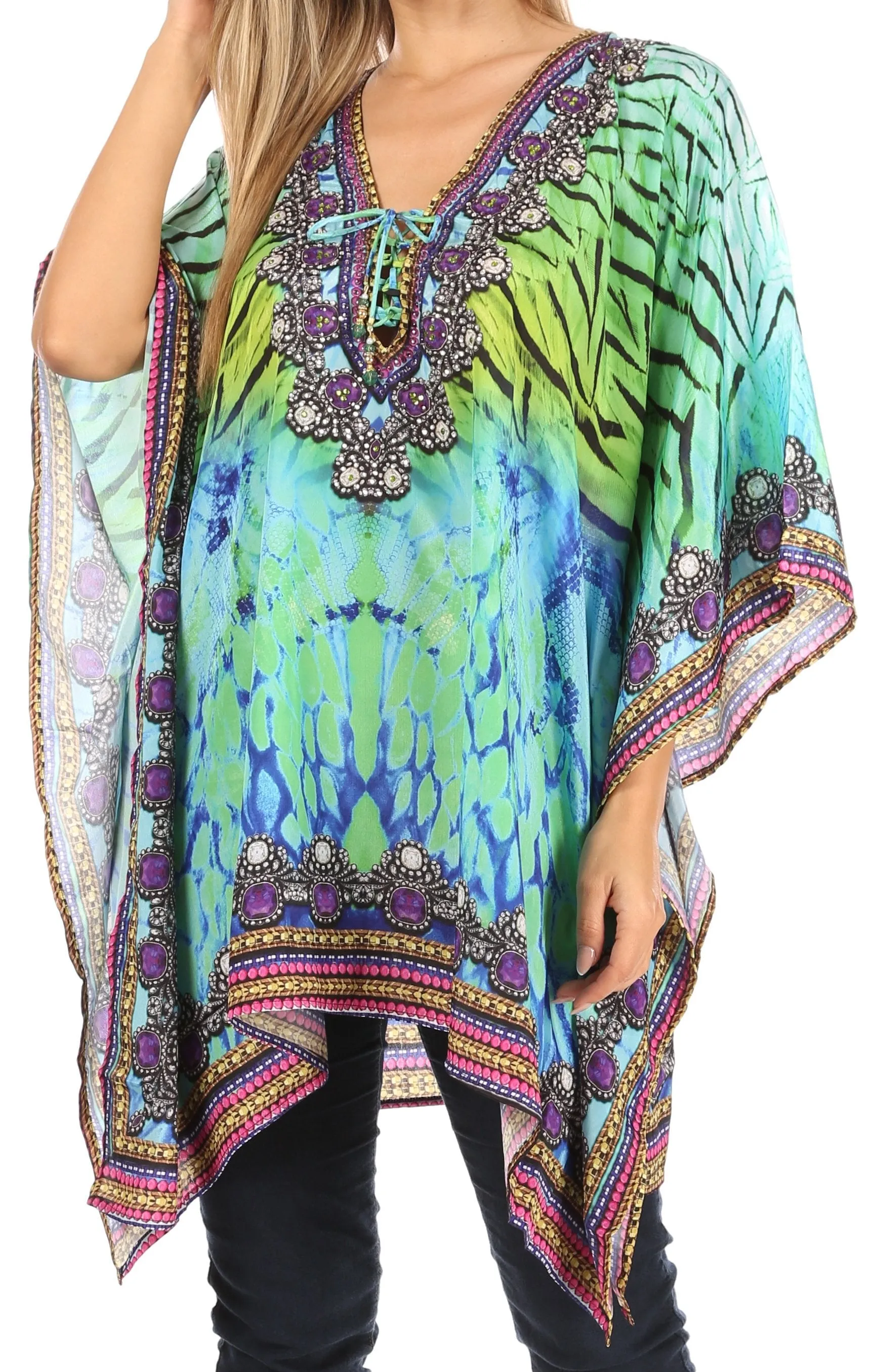 Stylish Rhinestone Lace-Up V-Neck Women's Caftan Poncho Cover-Up by Sakkas Aymee