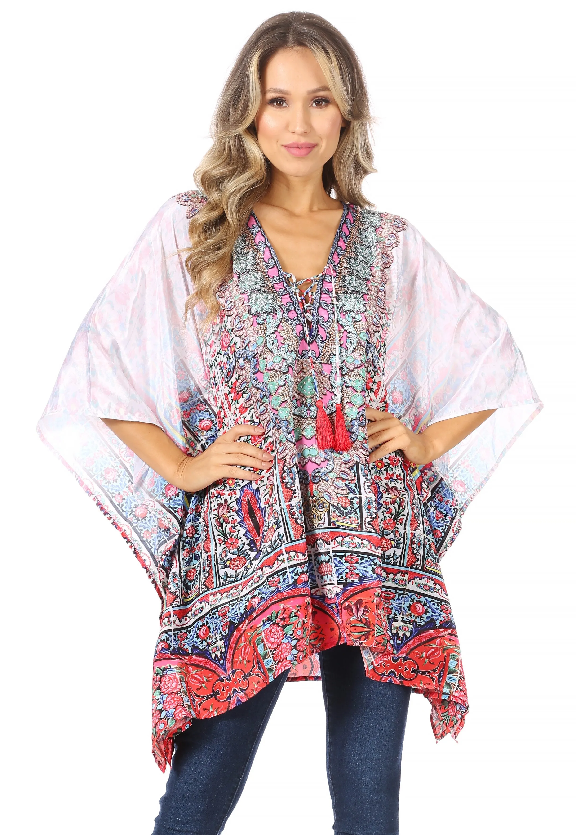 Stylish Rhinestone Lace-Up V-Neck Women's Caftan Poncho Cover-Up by Sakkas Aymee