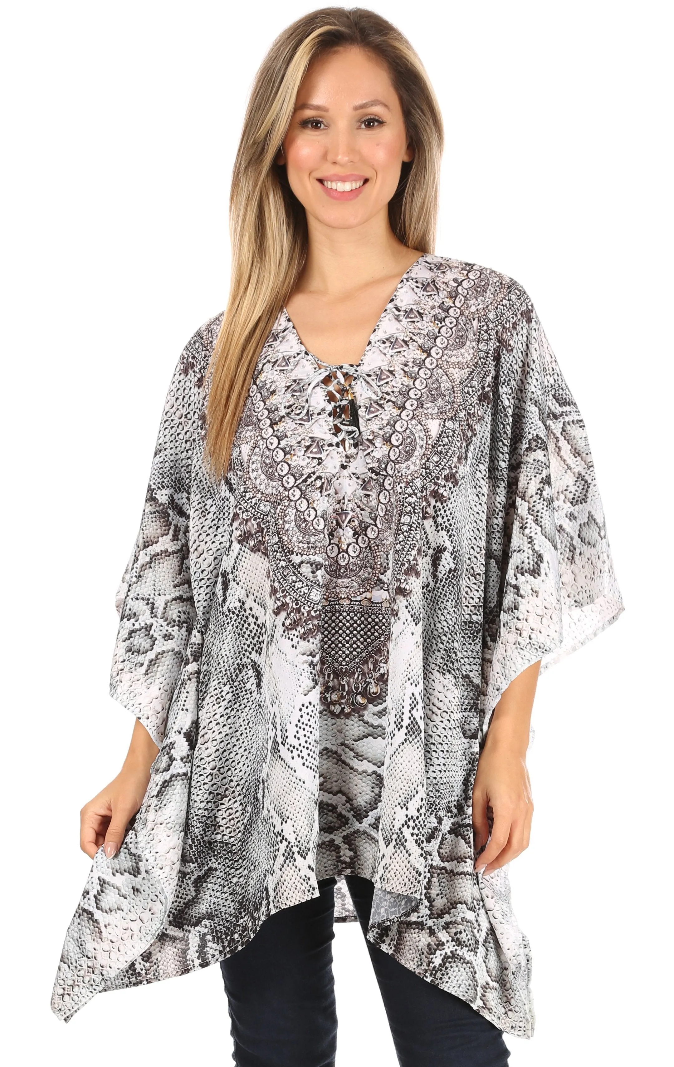 Stylish Rhinestone Lace-Up V-Neck Women's Caftan Poncho Cover-Up by Sakkas Aymee