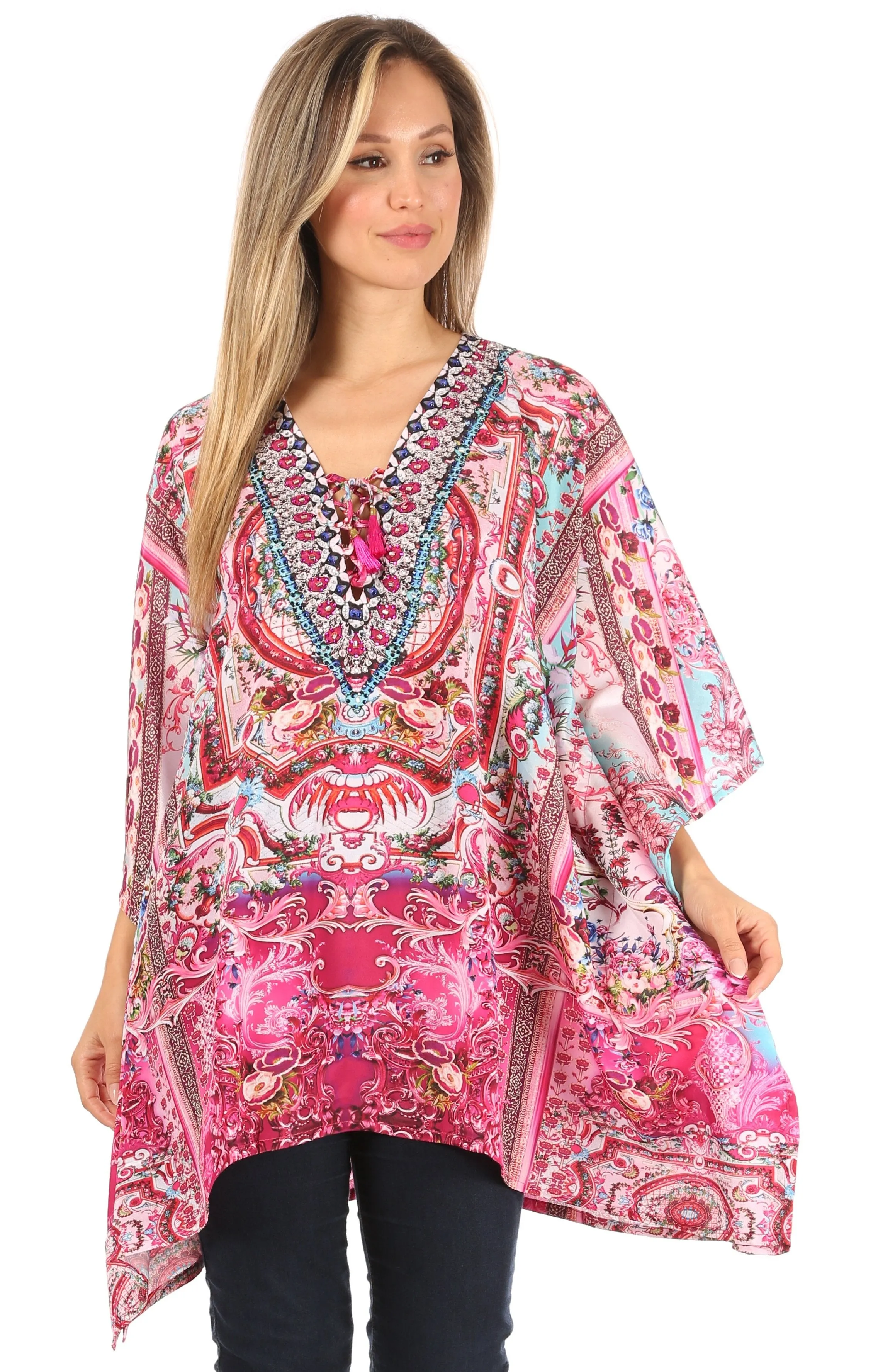 Stylish Rhinestone Lace-Up V-Neck Women's Caftan Poncho Cover-Up by Sakkas Aymee