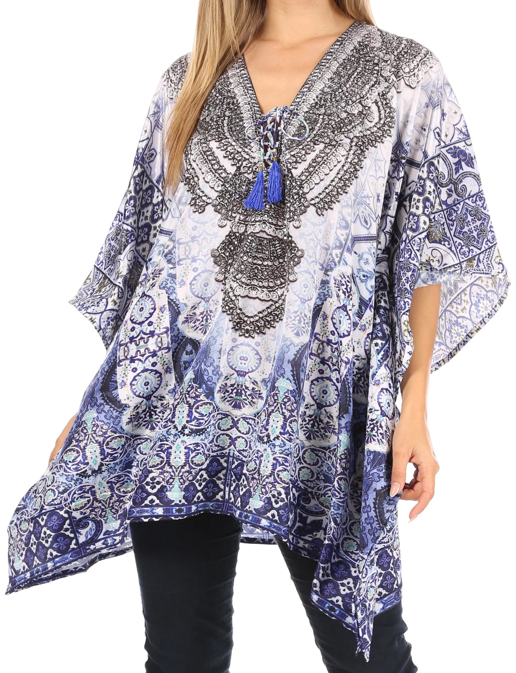 Stylish Rhinestone Lace-Up V-Neck Women's Caftan Poncho Cover-Up by Sakkas Aymee