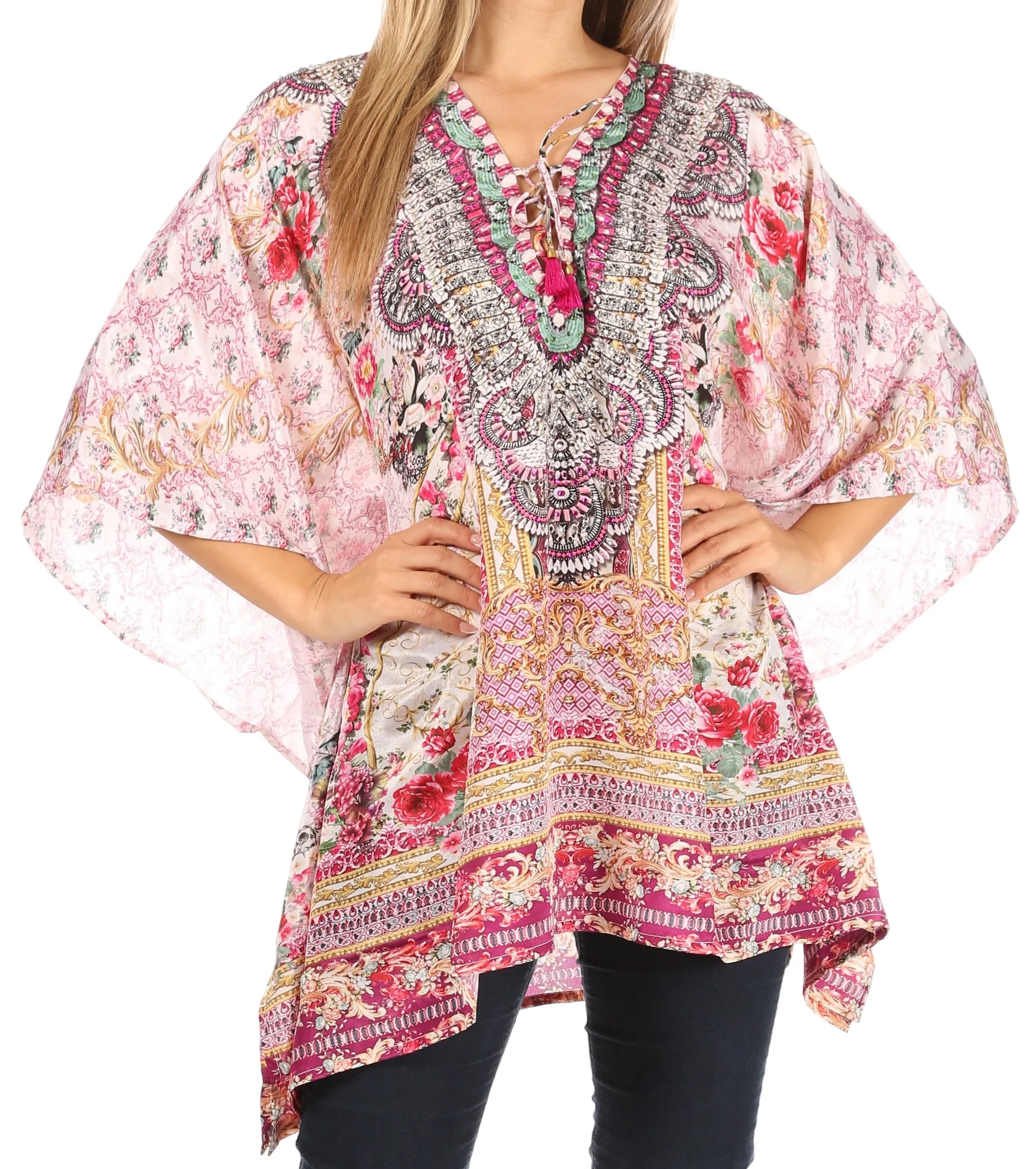 Stylish Rhinestone Lace-Up V-Neck Women's Caftan Poncho Cover-Up by Sakkas Aymee