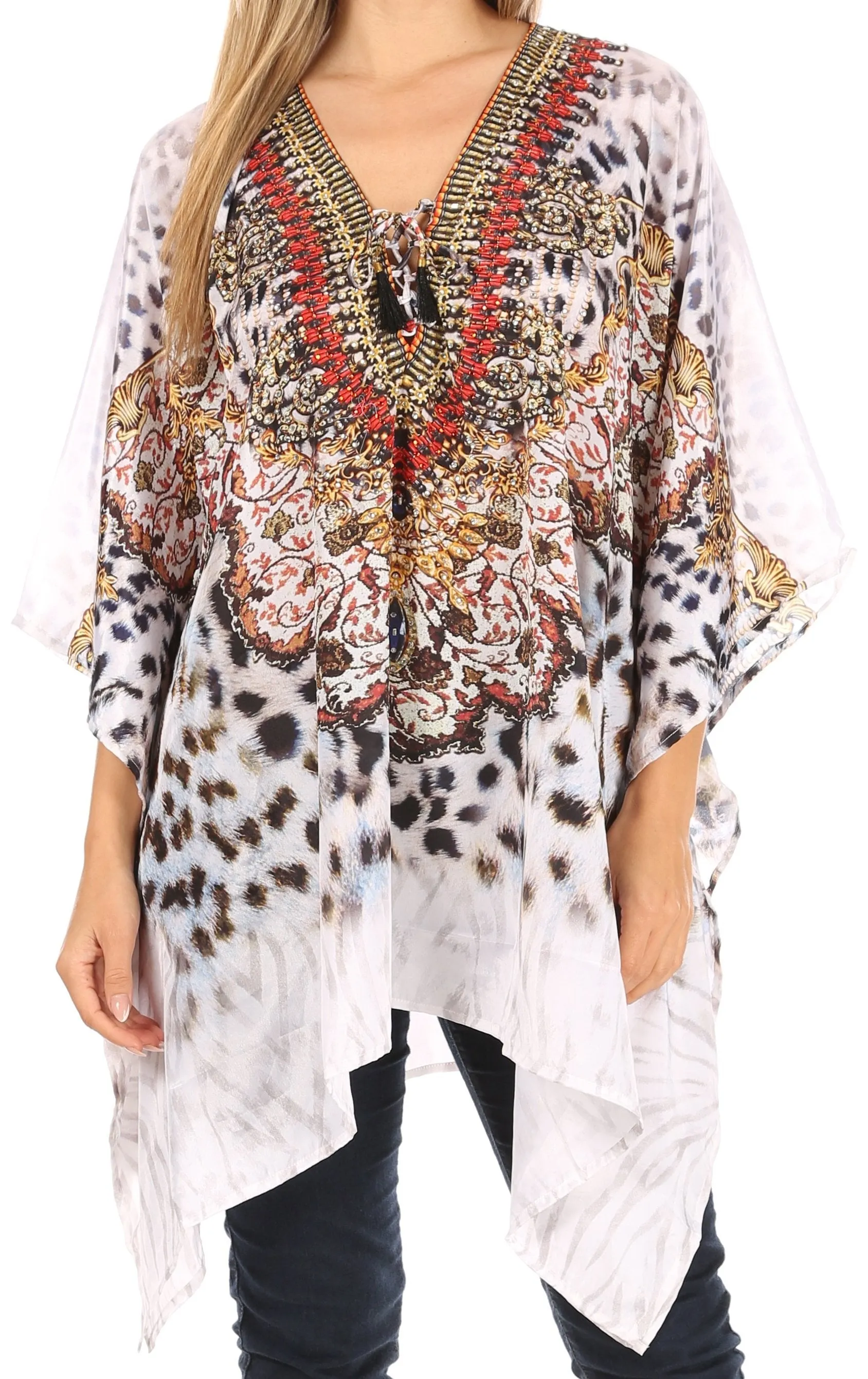 Stylish Rhinestone Lace-Up V-Neck Women's Caftan Poncho Cover-Up by Sakkas Aymee