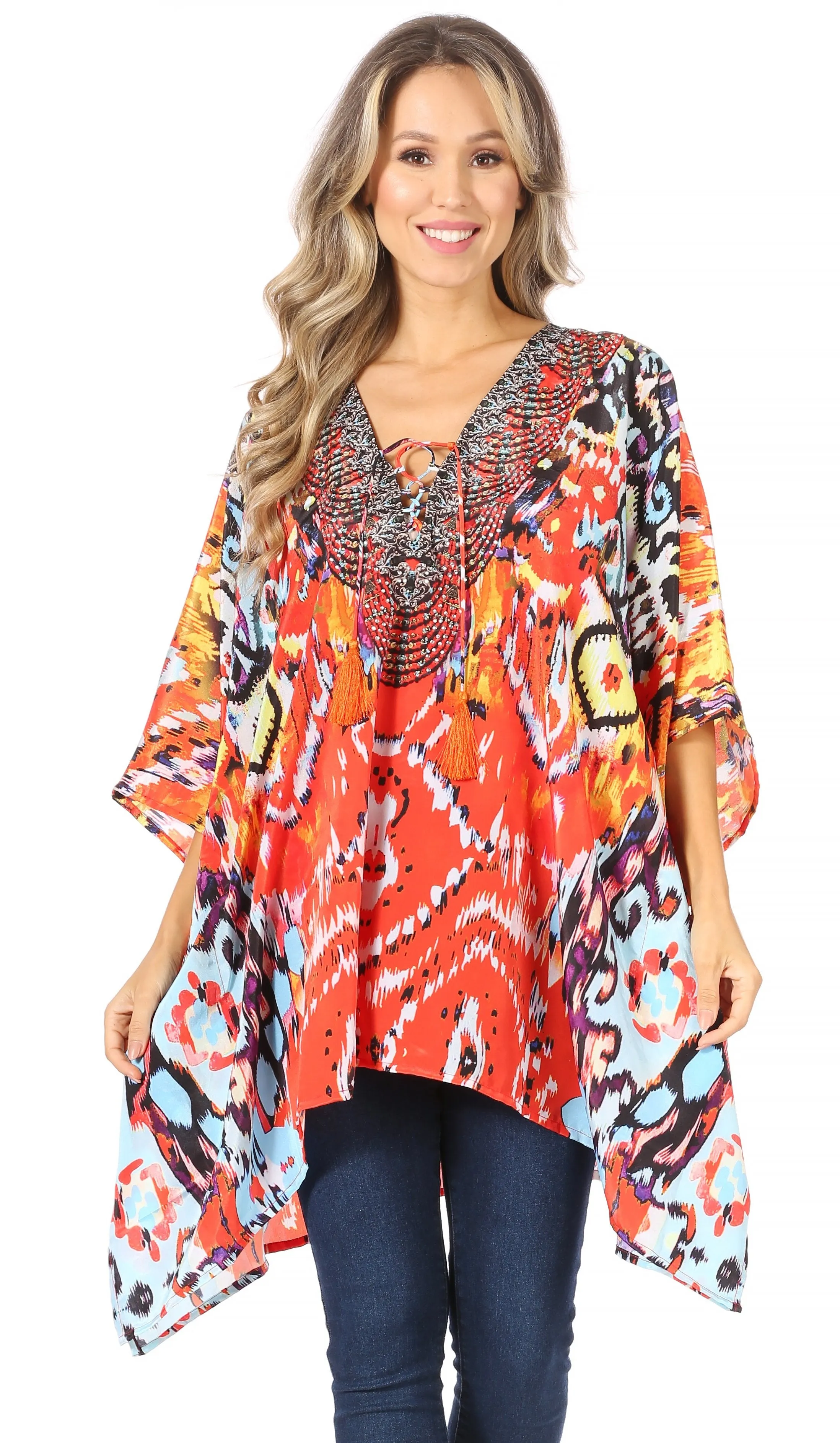 Stylish Rhinestone Lace-Up V-Neck Women's Caftan Poncho Cover-Up by Sakkas Aymee