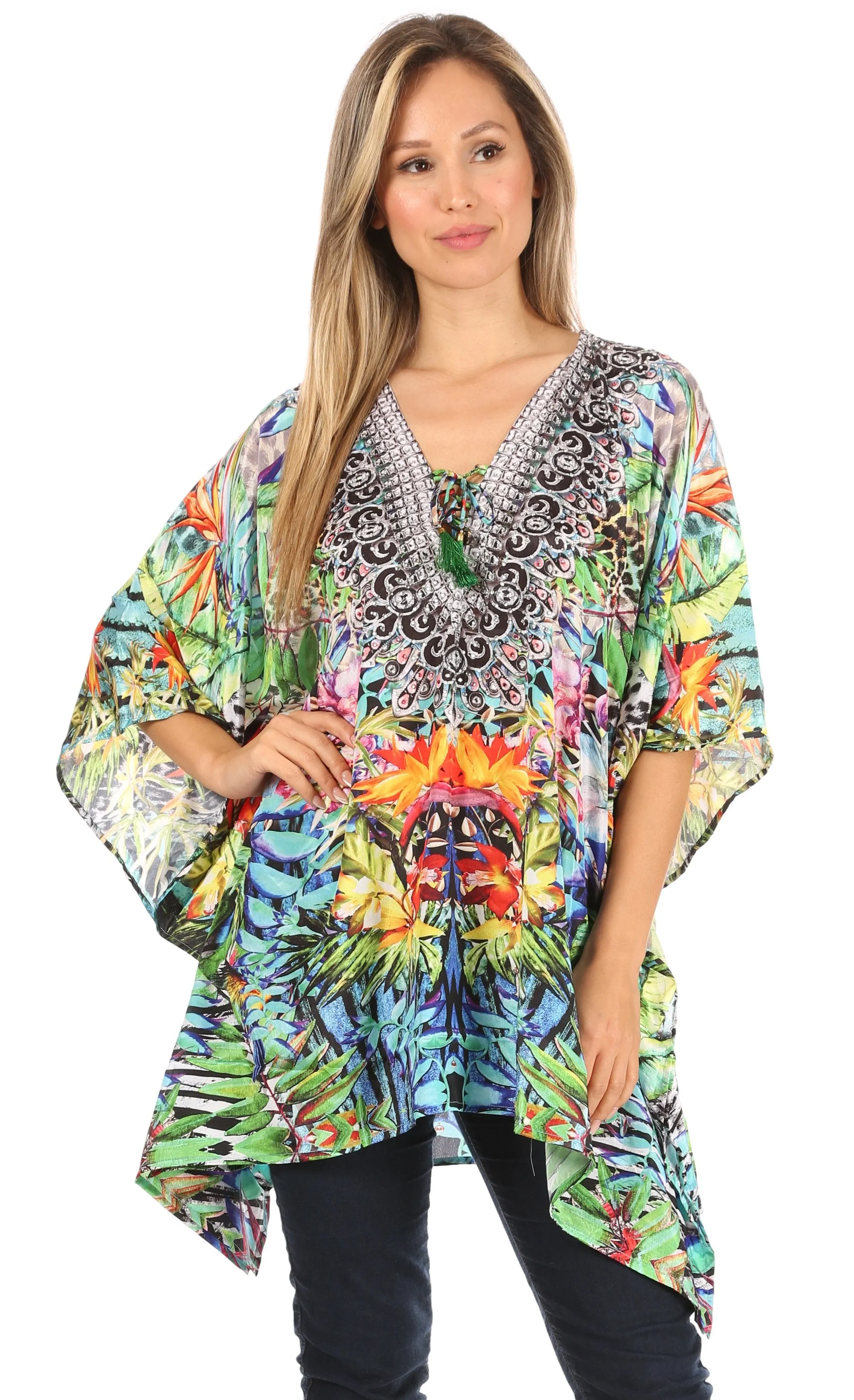 Stylish Rhinestone Lace-Up V-Neck Women's Caftan Poncho Cover-Up by Sakkas Aymee