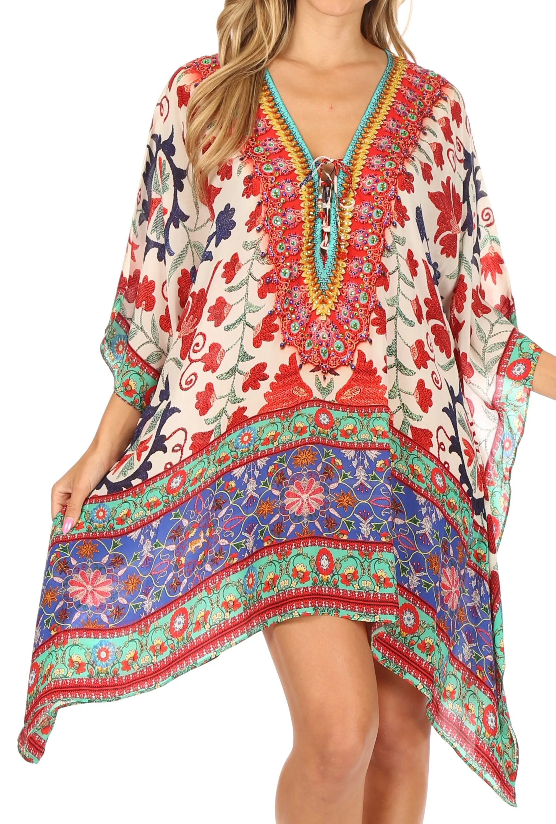 Stylish Rhinestone Lace-Up V-Neck Women's Caftan Poncho Cover-Up by Sakkas Aymee