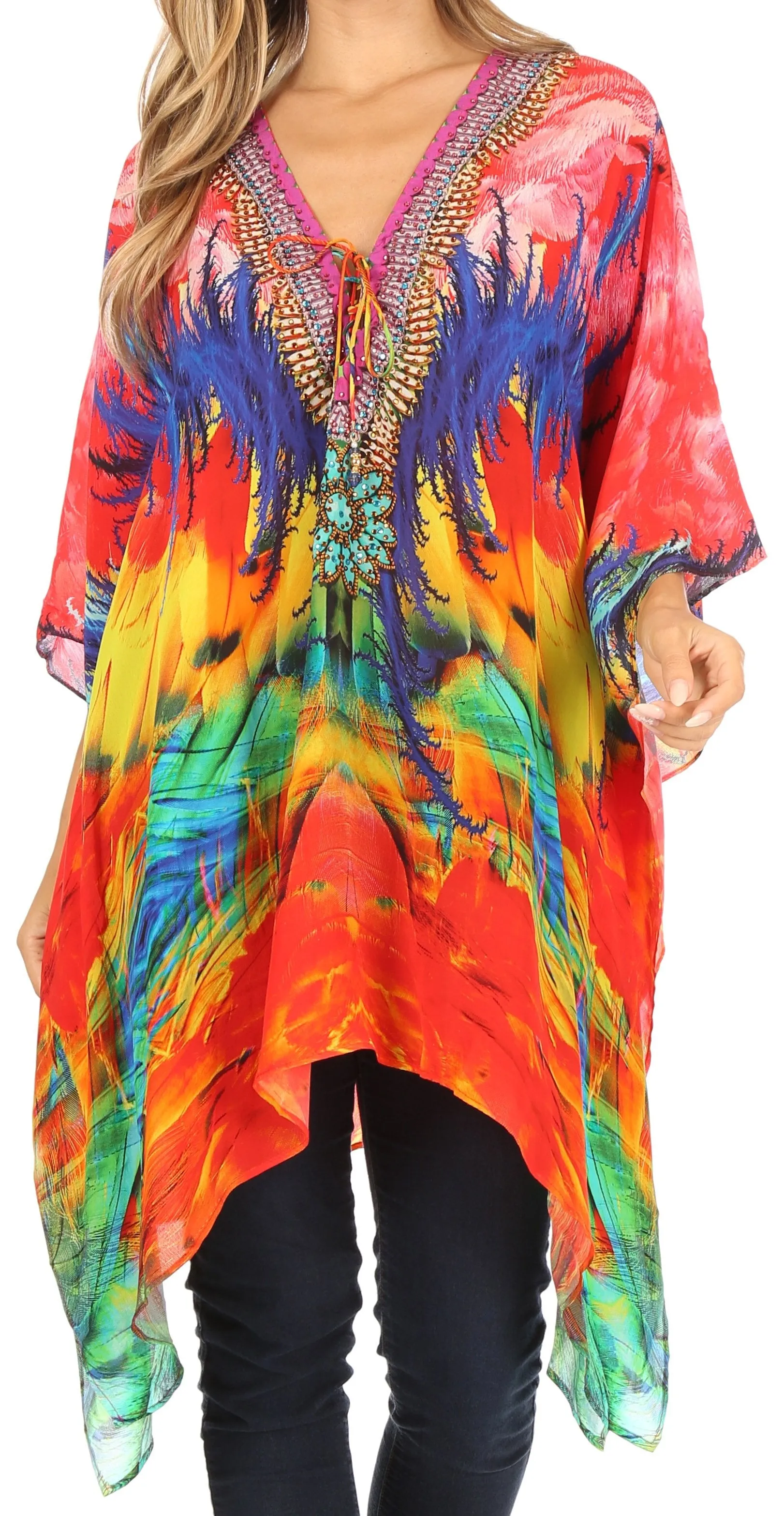 Stylish Rhinestone Lace-Up V-Neck Women's Caftan Poncho Cover-Up by Sakkas Aymee