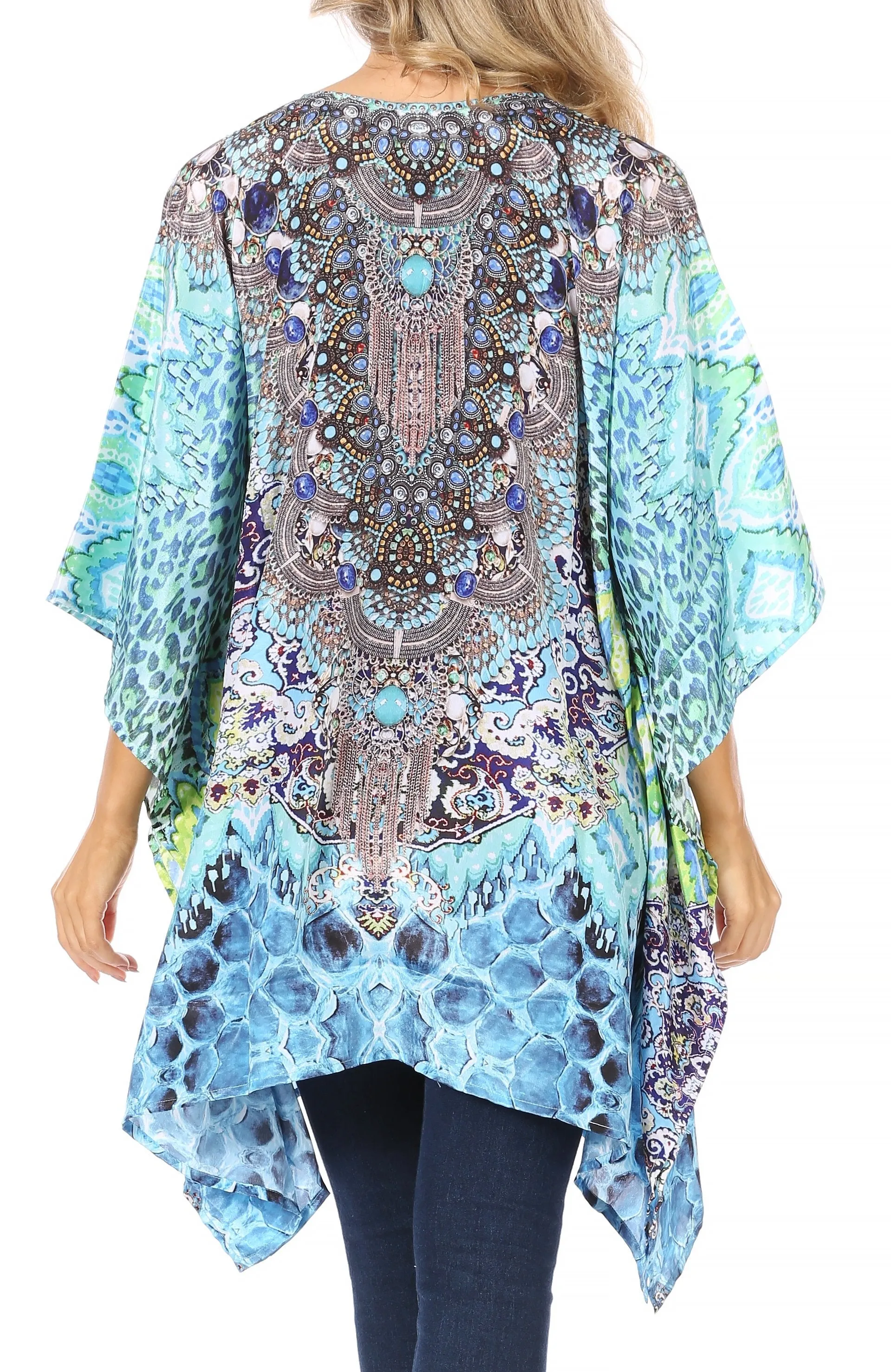 Stylish Rhinestone Lace-Up V-Neck Women's Caftan Poncho Cover-Up by Sakkas Aymee