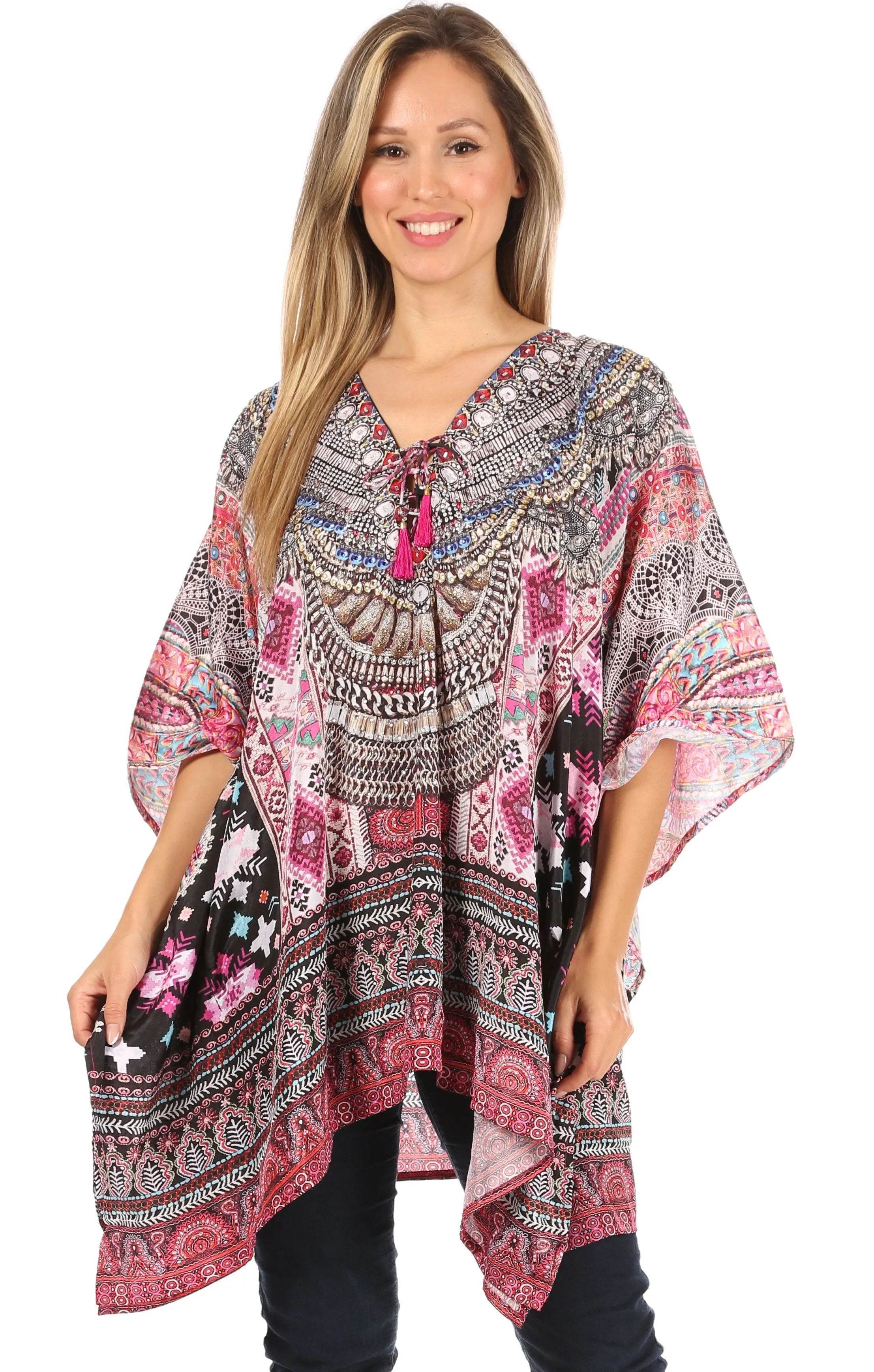 Stylish Rhinestone Lace-Up V-Neck Women's Caftan Poncho Cover-Up by Sakkas Aymee