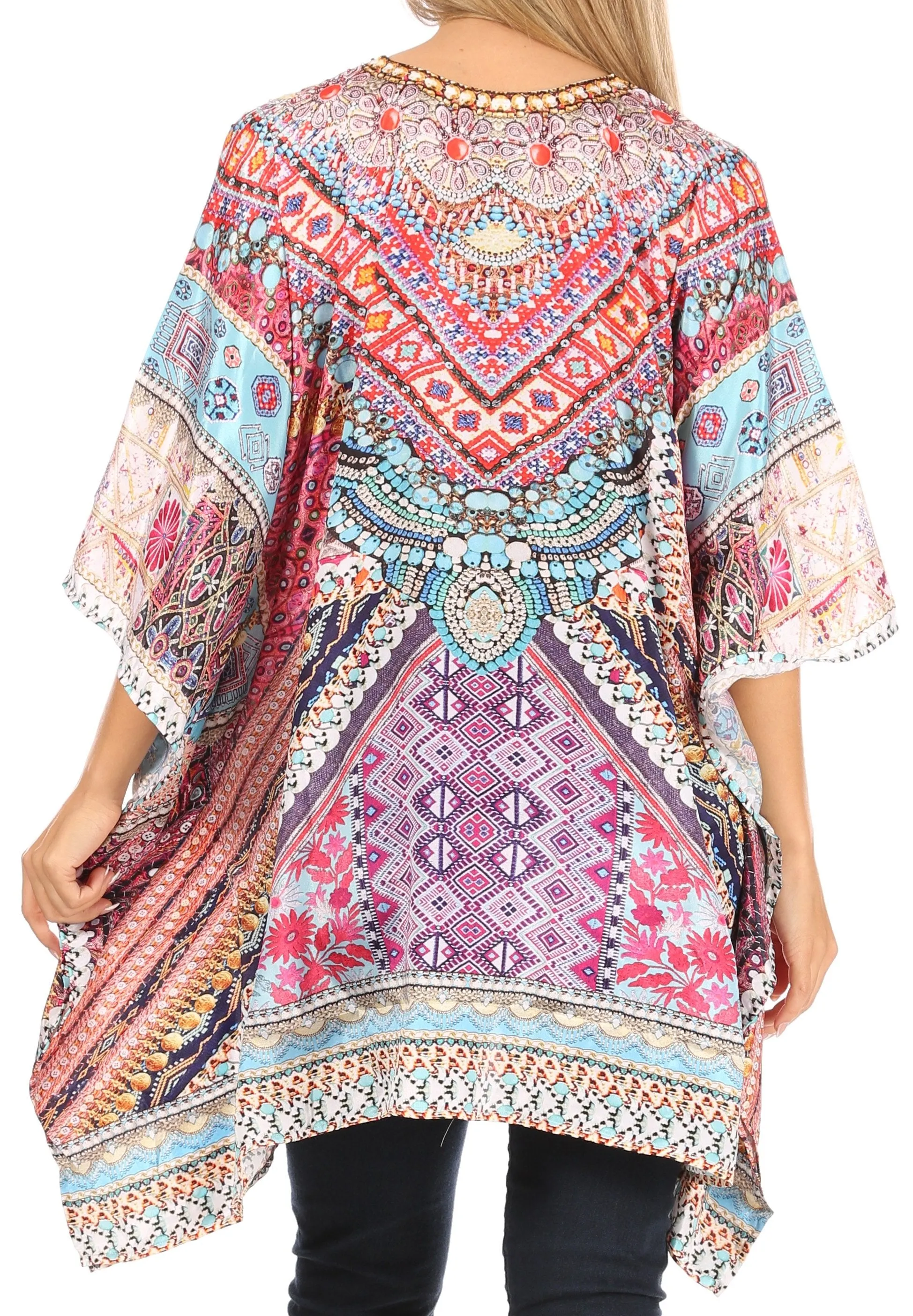 Stylish Rhinestone Lace-Up V-Neck Women's Caftan Poncho Cover-Up by Sakkas Aymee