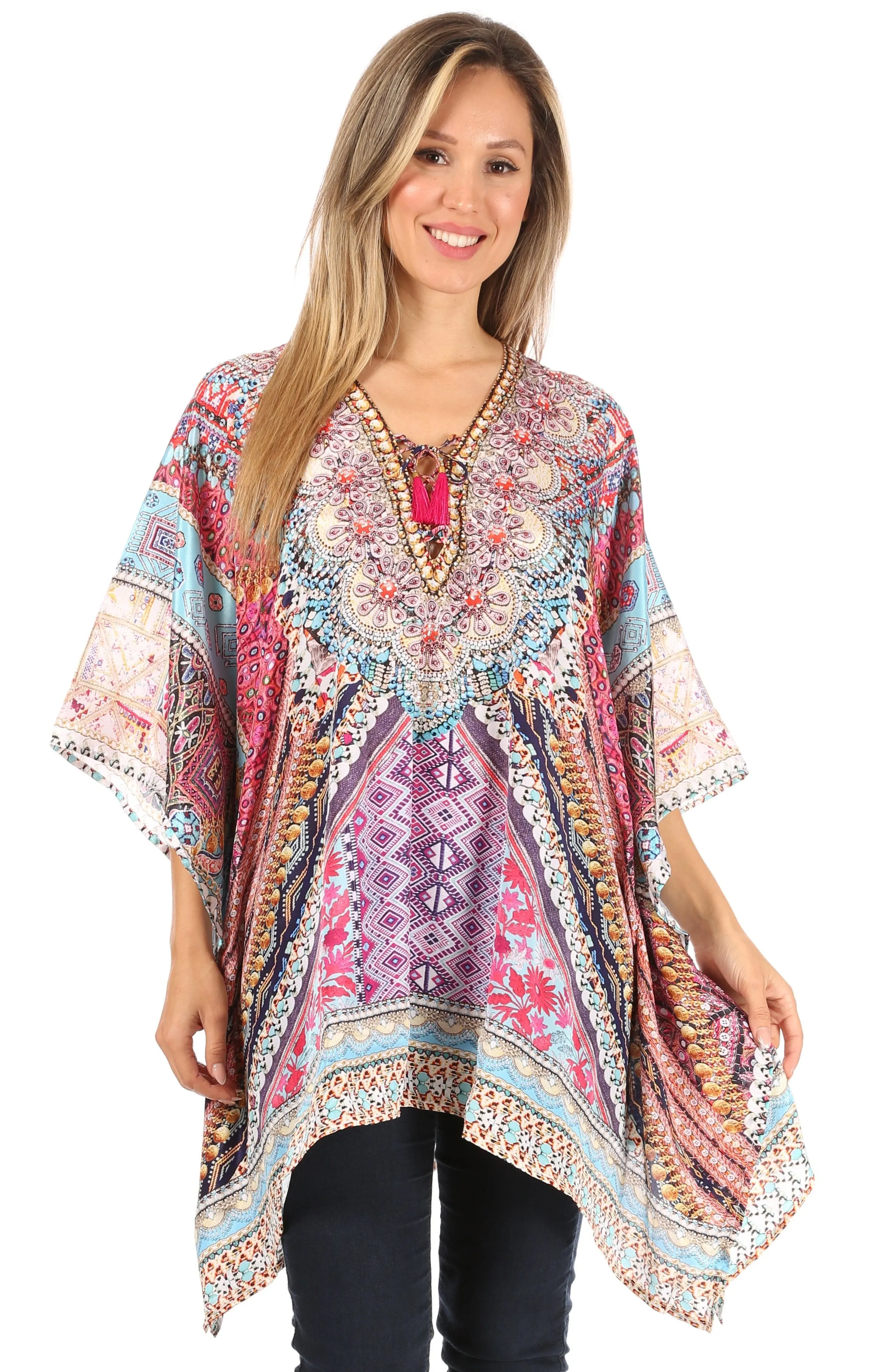 Stylish Rhinestone Lace-Up V-Neck Women's Caftan Poncho Cover-Up by Sakkas Aymee