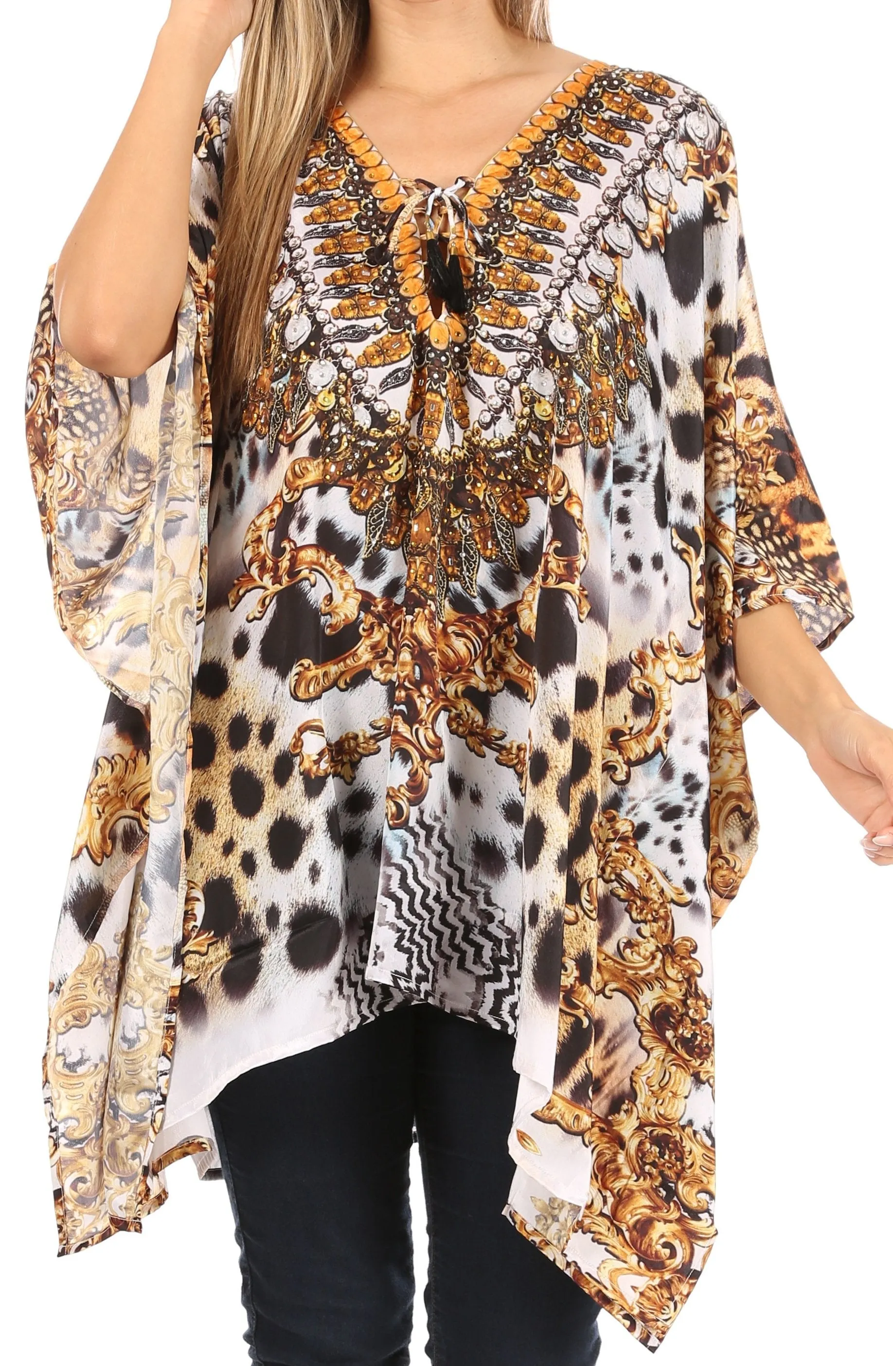 Stylish Rhinestone Lace-Up V-Neck Women's Caftan Poncho Cover-Up by Sakkas Aymee