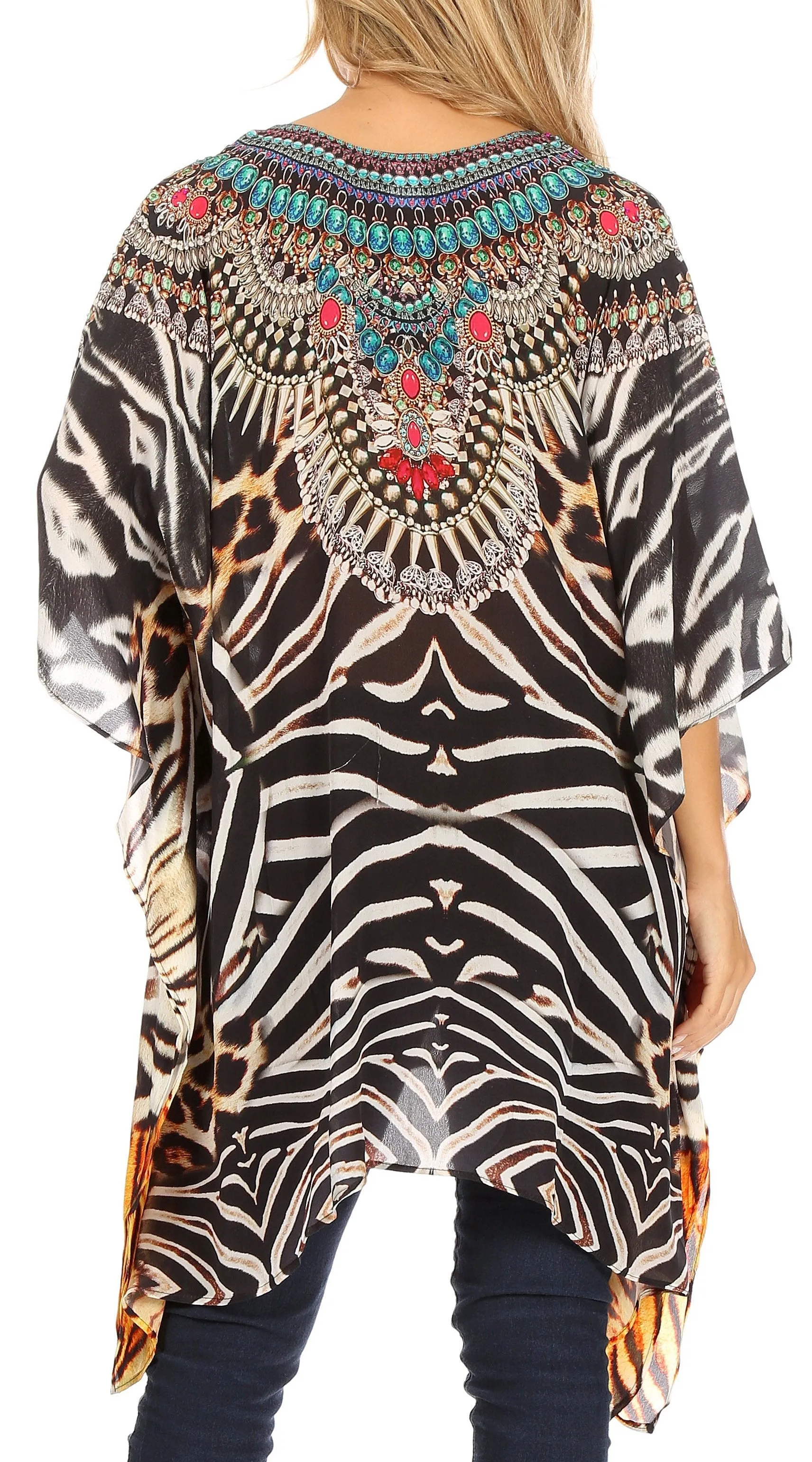 Stylish Rhinestone Lace-Up V-Neck Women's Caftan Poncho Cover-Up by Sakkas Aymee