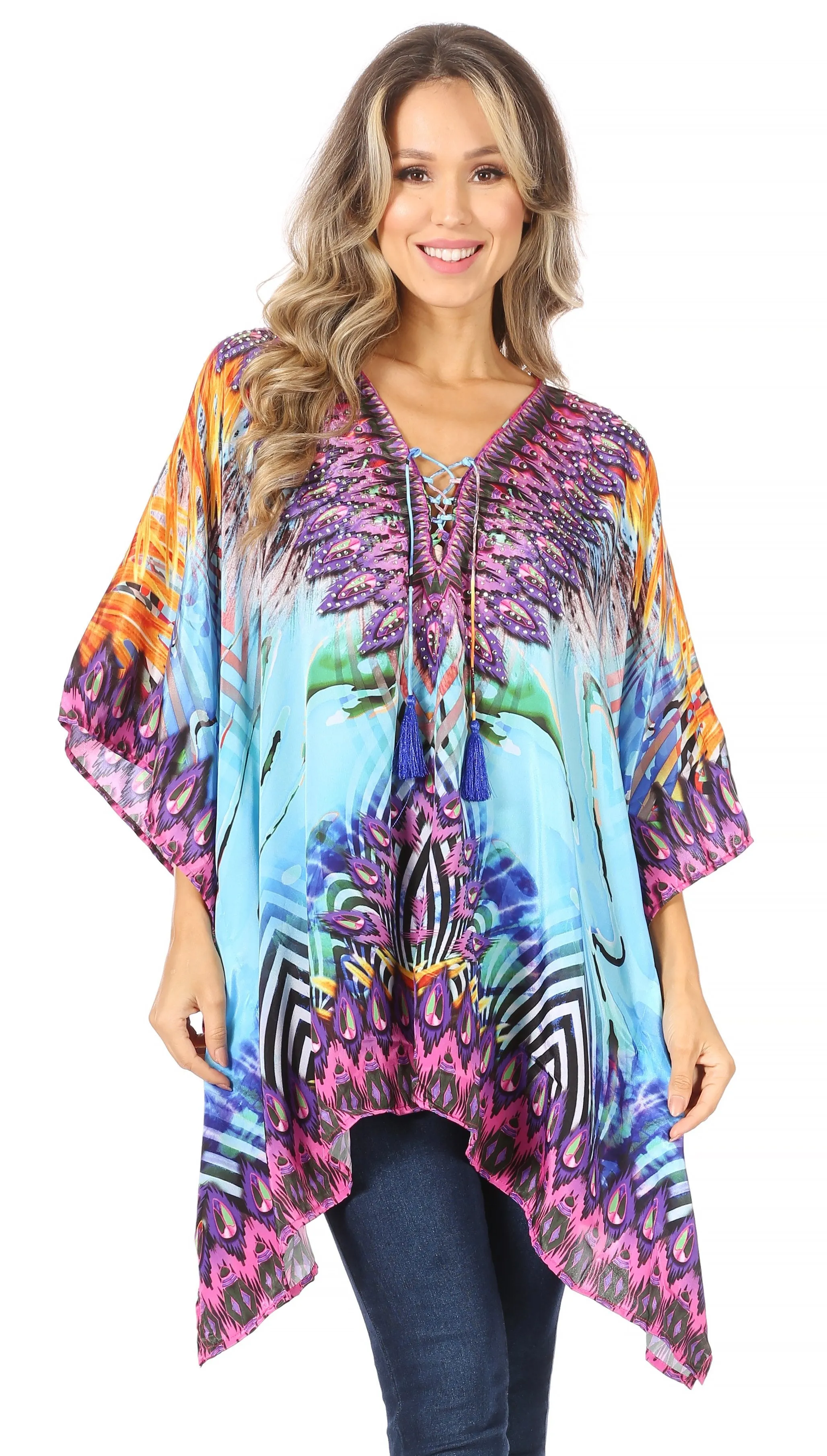 Stylish Rhinestone Lace-Up V-Neck Women's Caftan Poncho Cover-Up by Sakkas Aymee