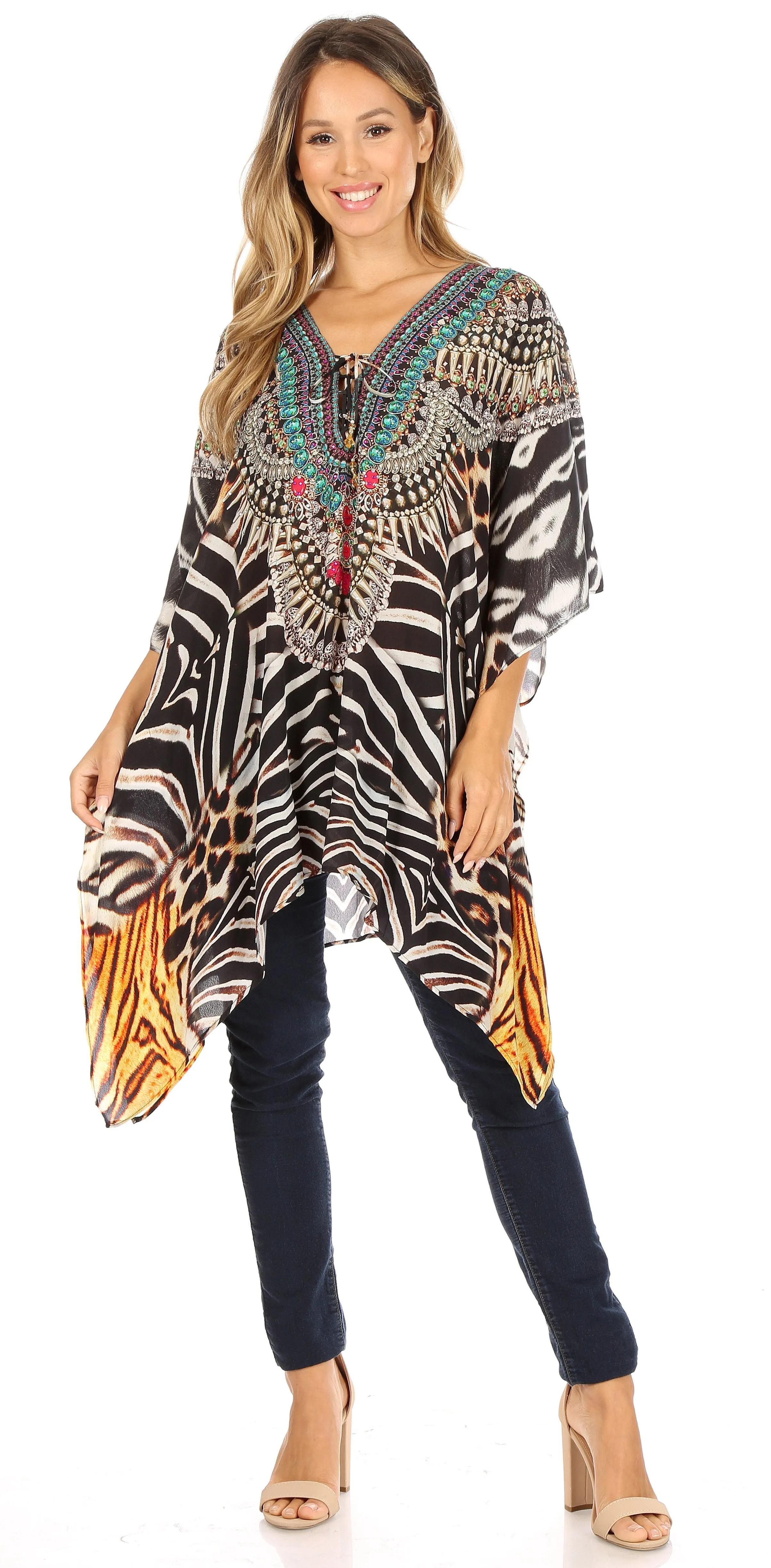 Stylish Rhinestone Lace-Up V-Neck Women's Caftan Poncho Cover-Up by Sakkas Aymee