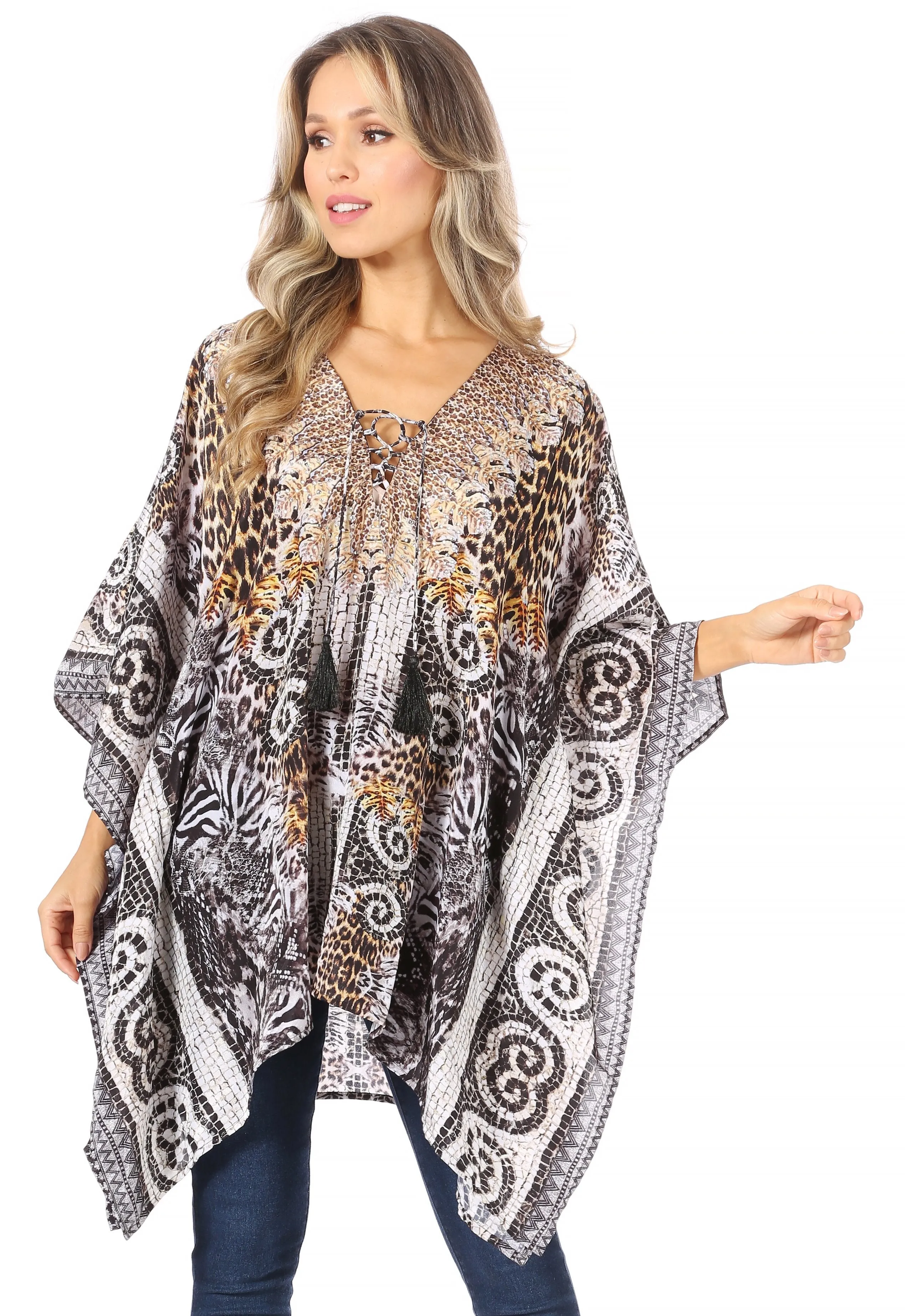 Stylish Rhinestone Lace-Up V-Neck Women's Caftan Poncho Cover-Up by Sakkas Aymee