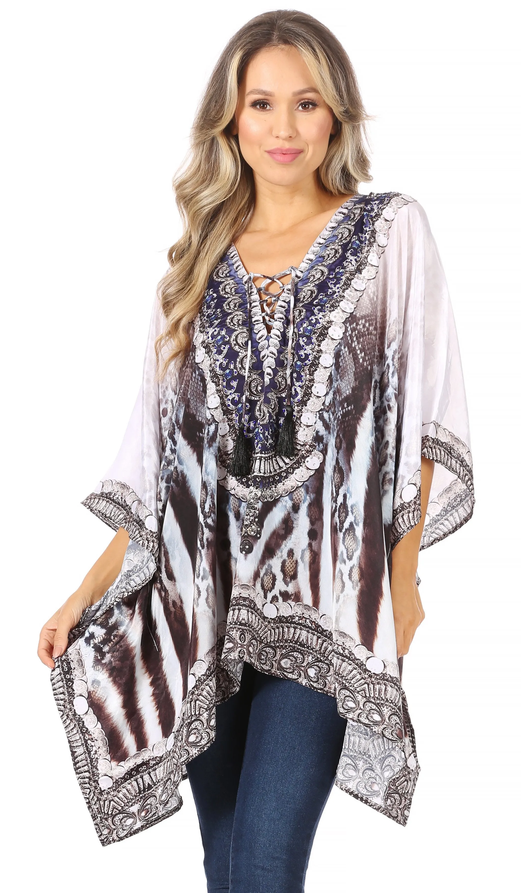 Stylish Rhinestone Lace-Up V-Neck Women's Caftan Poncho Cover-Up by Sakkas Aymee