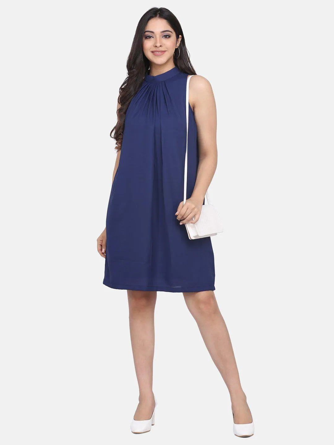 Sunburst Neck Trapeze Dress - Royal Blue