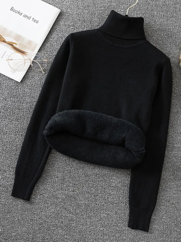 Thick Hairy Women Turtleneck Sweater Winter Black Pullover Knitted Jumper Soft Simple Solid Warm Basic Tops Casual Sweater