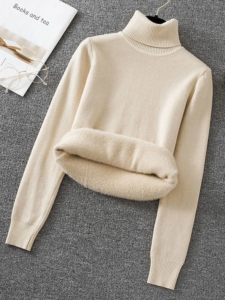 Thick Hairy Women Turtleneck Sweater Winter Black Pullover Knitted Jumper Soft Simple Solid Warm Basic Tops Casual Sweater