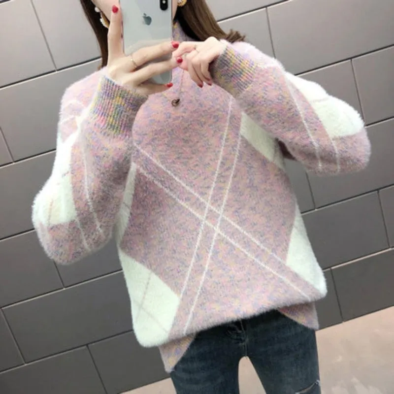 Thick Women Sweater Winter Turtleneck Pullover Knitted Sweater Loose Warm Fashion Plaid Jumper Casual Oversize Female Tops