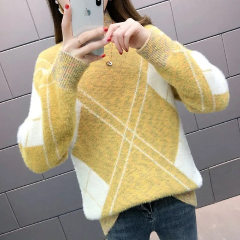 Thick Women Sweater Winter Turtleneck Pullover Knitted Sweater Loose Warm Fashion Plaid Jumper Casual Oversize Female Tops