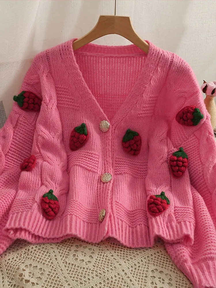 Twisted Women Knitted Cardigan Fashion 3D Strawberry Loose Sweet Sweater Fall Cute V Neck Thick Ladies Sweater Coats