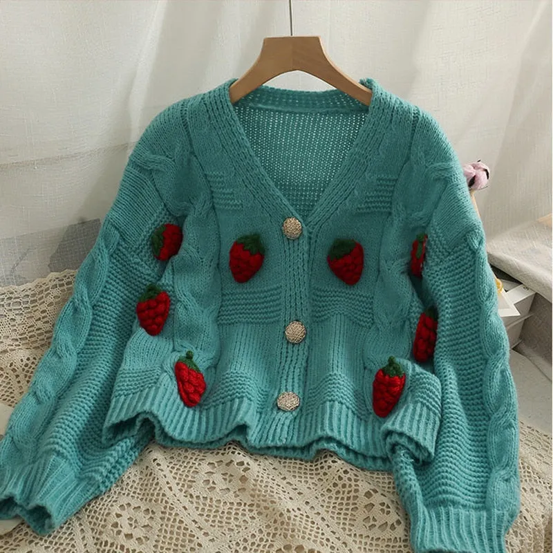 Twisted Women Knitted Cardigan Fashion 3D Strawberry Loose Sweet Sweater Fall Cute V Neck Thick Ladies Sweater Coats