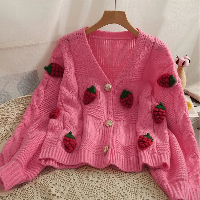 Twisted Women Knitted Cardigan Fashion 3D Strawberry Loose Sweet Sweater Fall Cute V Neck Thick Ladies Sweater Coats