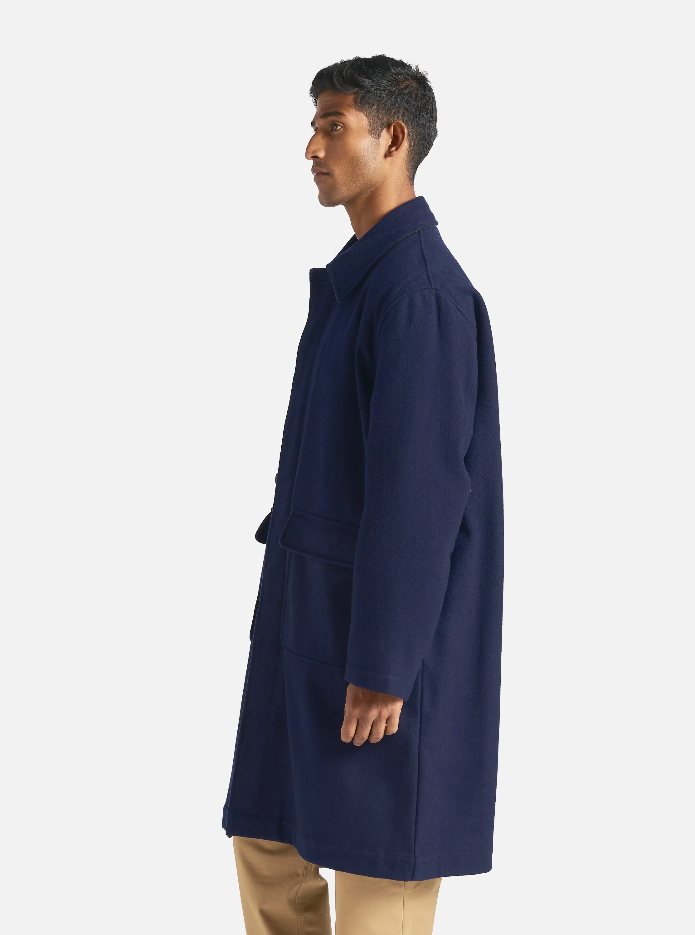 Universal Works Account Coat in Navy Melton