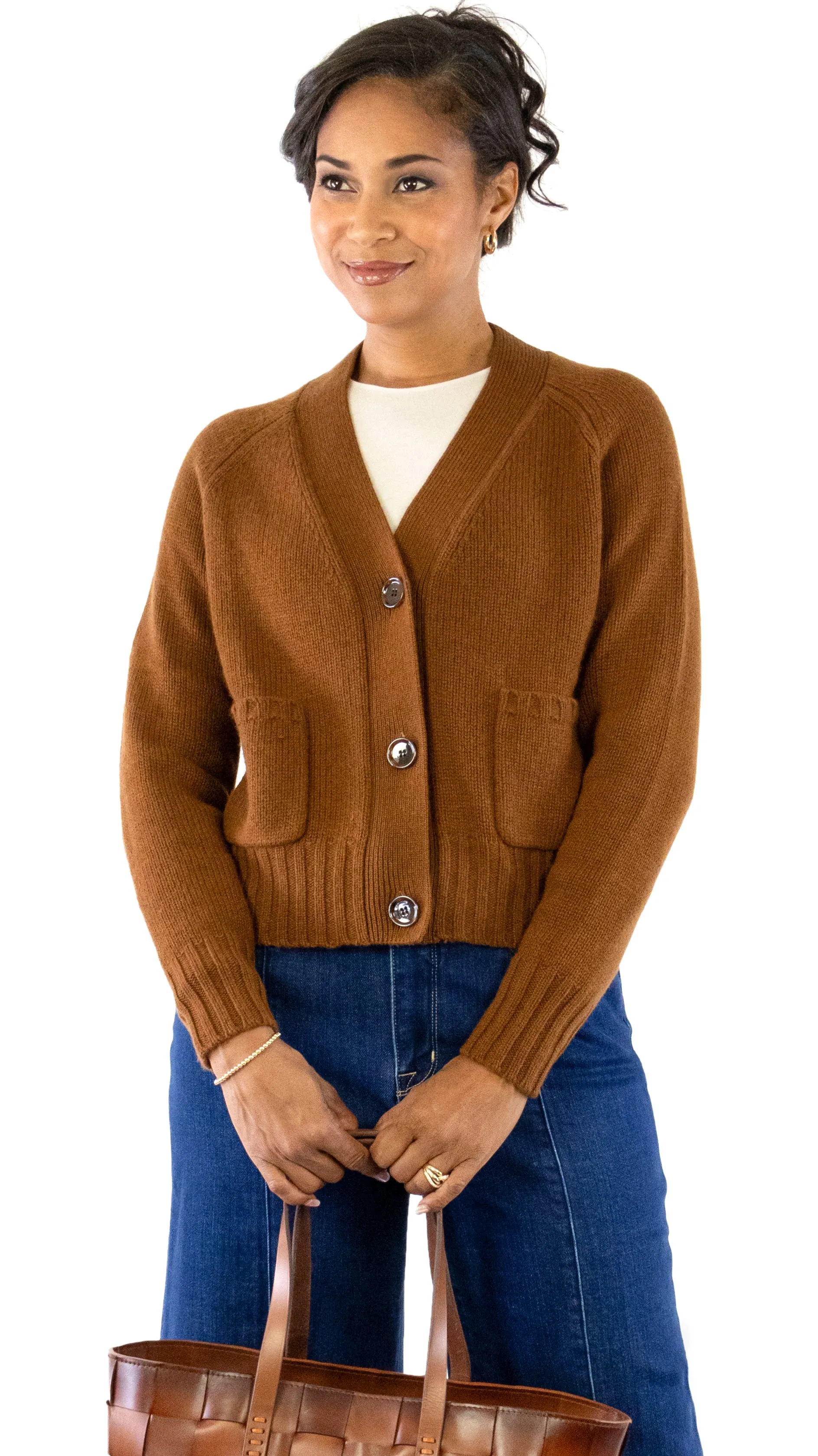 V-Neck Chunky Cardigan - Cognac