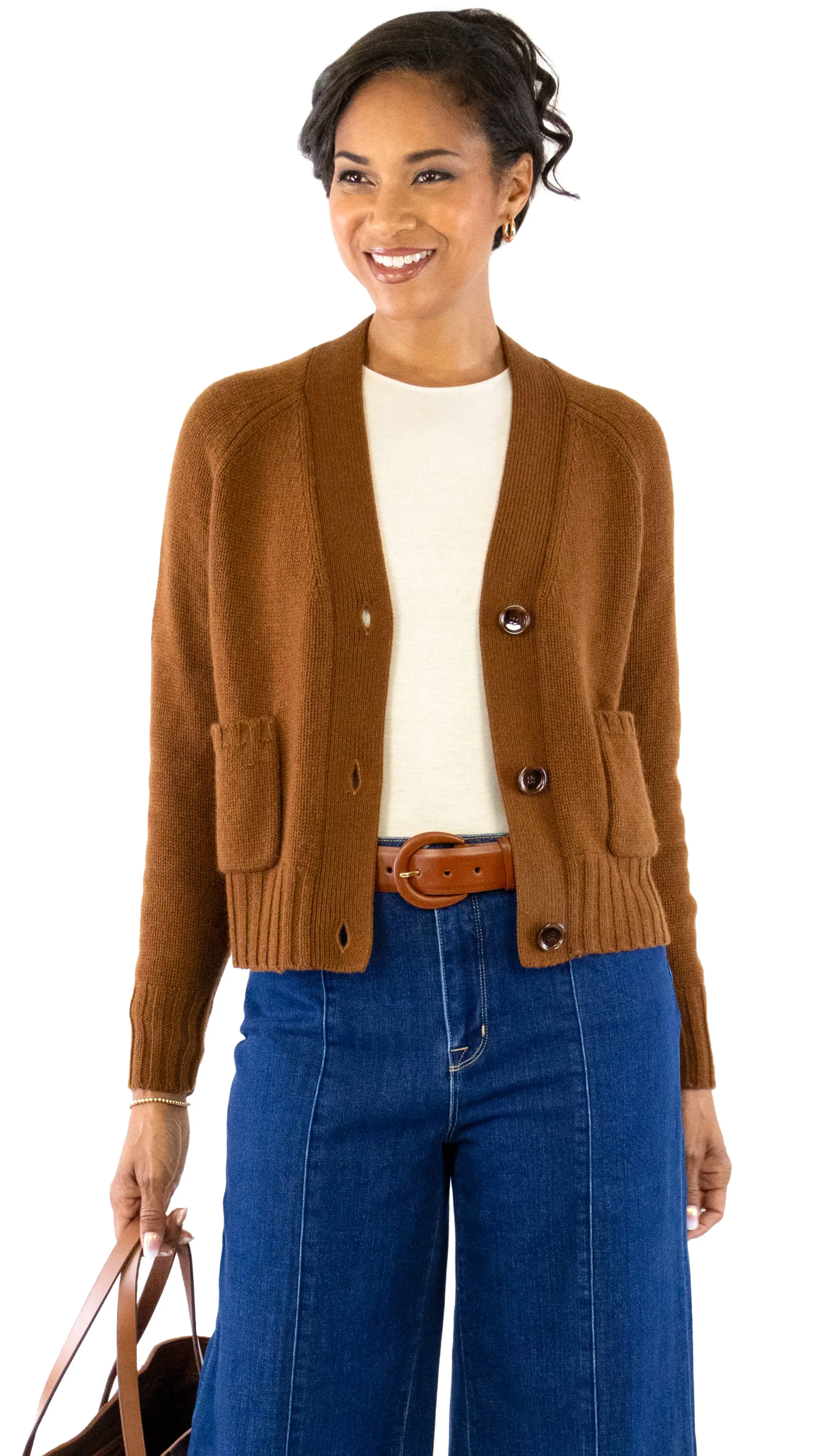 V-Neck Chunky Cardigan - Cognac