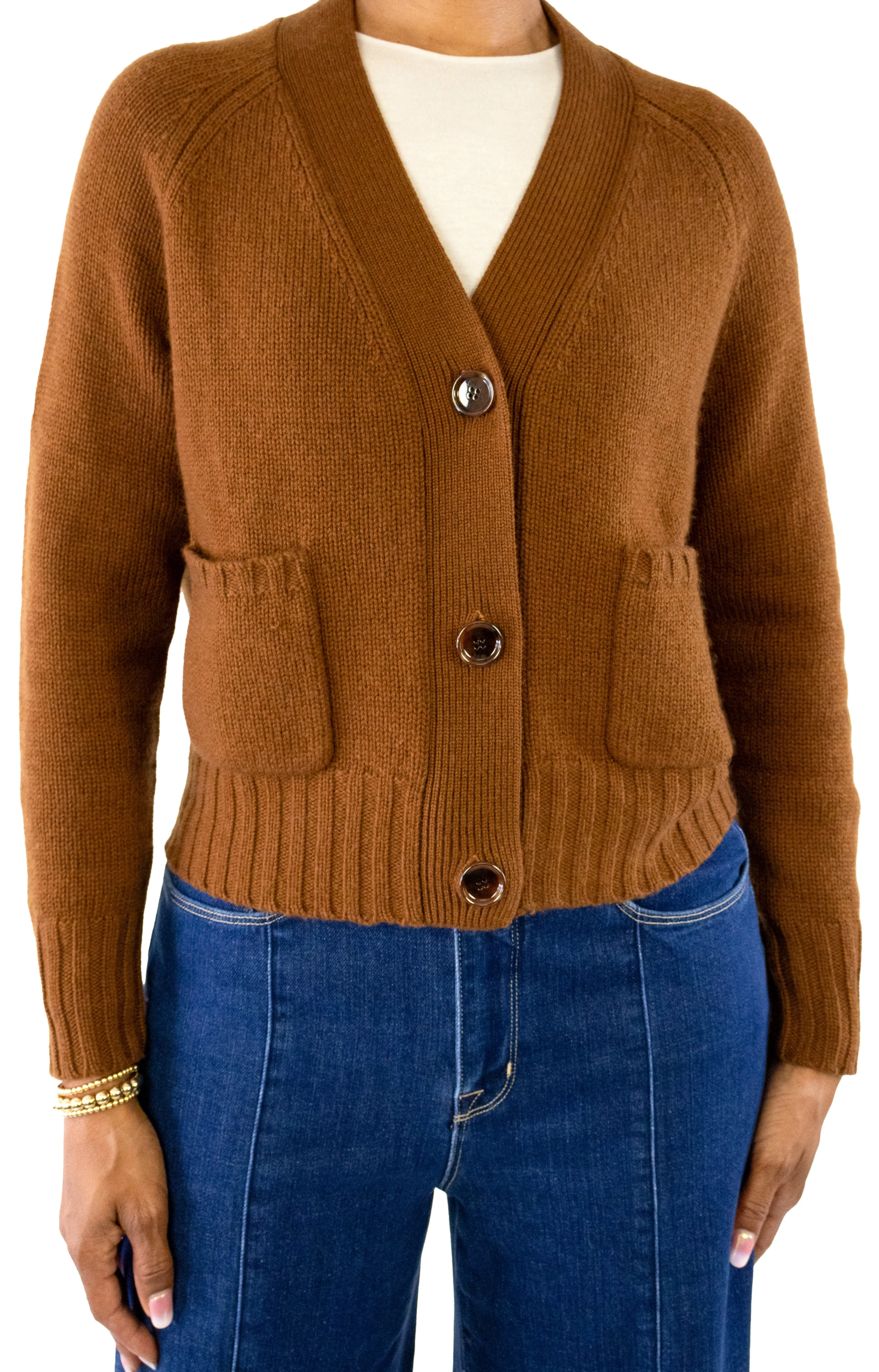 V-Neck Chunky Cardigan - Cognac