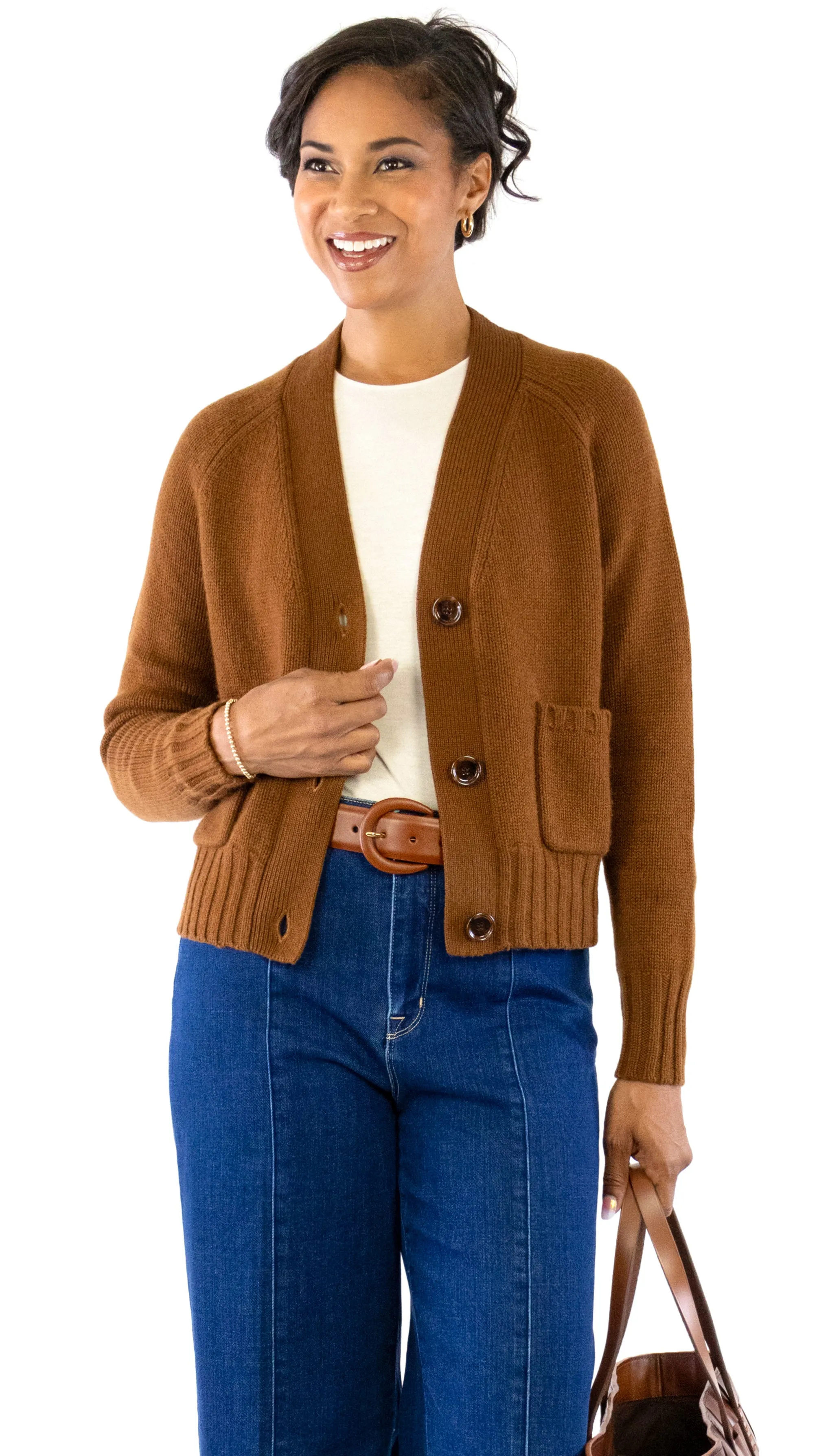 V-Neck Chunky Cardigan - Cognac