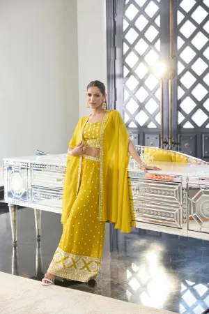 Vibrant Yellow Embellished Georgette Silk Cape Set