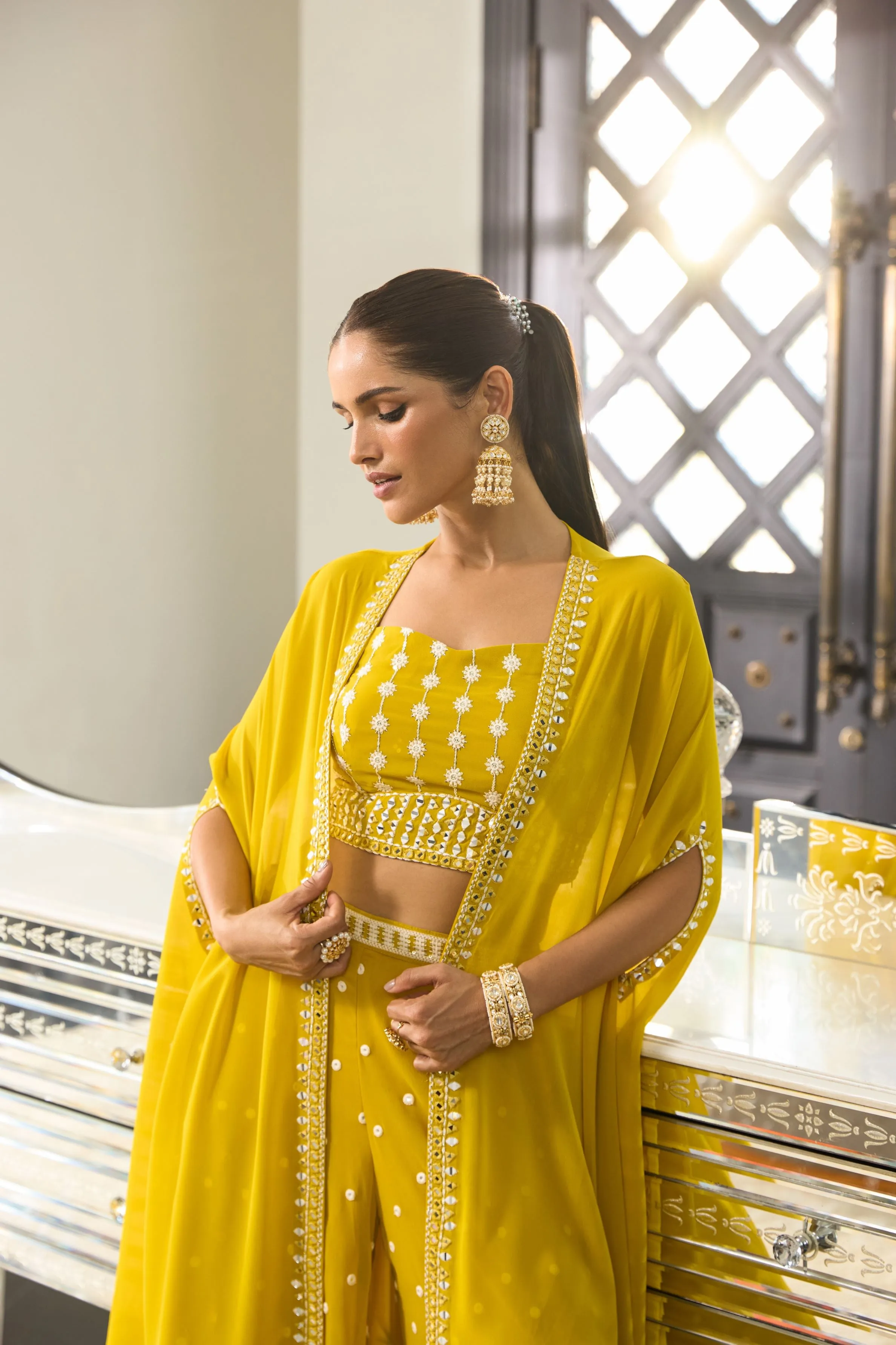 Vibrant Yellow Embellished Georgette Silk Cape Set