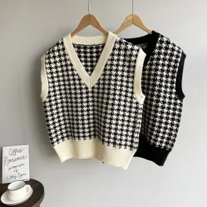 Vintage Women Plaid Sweater Vest Casual V Neck  Houndstooth Loose Thick Female Knitted Sweater Korean Elegant Tops