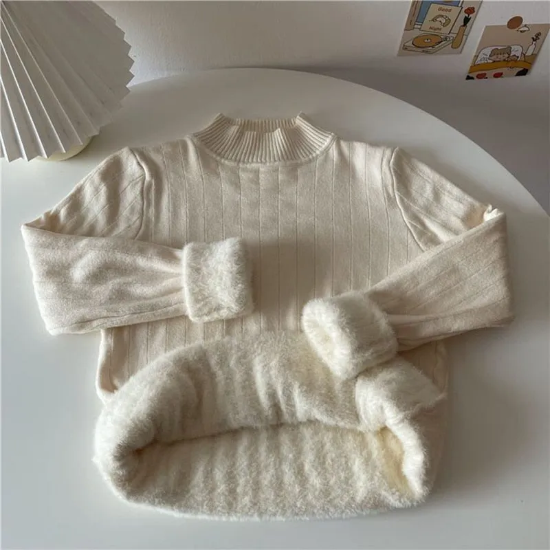 Warm Plus Women Sweater Thick Winter Knitted Pullover Jumper Slim Half Turtleneck White Fashion Casual Korean Basic Tops