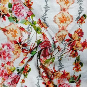 White Floral Print Viscose Dobby Fabric