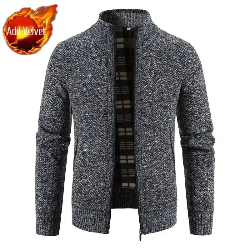 Wiaofellas  -  Knit Sweater Male Zipper Plaid Men's Clothing Cardigan Hoodies Zip-up Thick Winter Red Tops Jumpers Casual Stylish Hot Cheap A