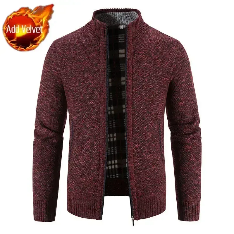 Wiaofellas  -  Knit Sweater Male Zipper Plaid Men's Clothing Cardigan Hoodies Zip-up Thick Winter Red Tops Jumpers Casual Stylish Hot Cheap A