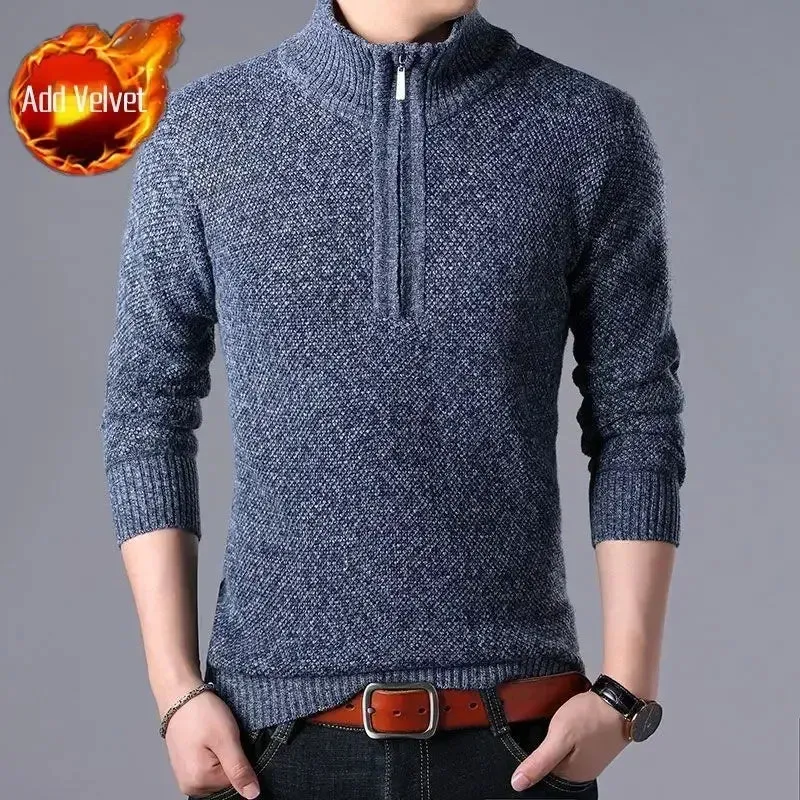 Wiaofellas  -  Knit Sweater Male Zipper Plaid Men's Clothing Cardigan Hoodies Zip-up Thick Winter Red Tops Jumpers Casual Stylish Hot Cheap A