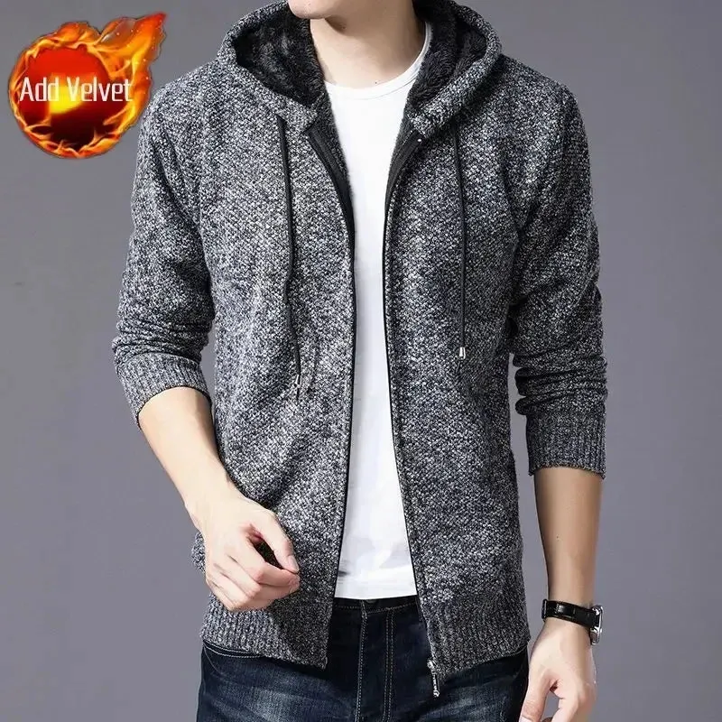 Wiaofellas  -  Knit Sweater Male Zipper Plaid Men's Clothing Cardigan Hoodies Zip-up Thick Winter Red Tops Jumpers Casual Stylish Hot Cheap A