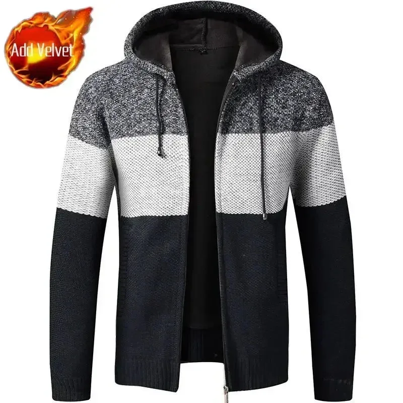 Wiaofellas  -  Knit Sweater Male Zipper Plaid Men's Clothing Cardigan Hoodies Zip-up Thick Winter Red Tops Jumpers Casual Stylish Hot Cheap A