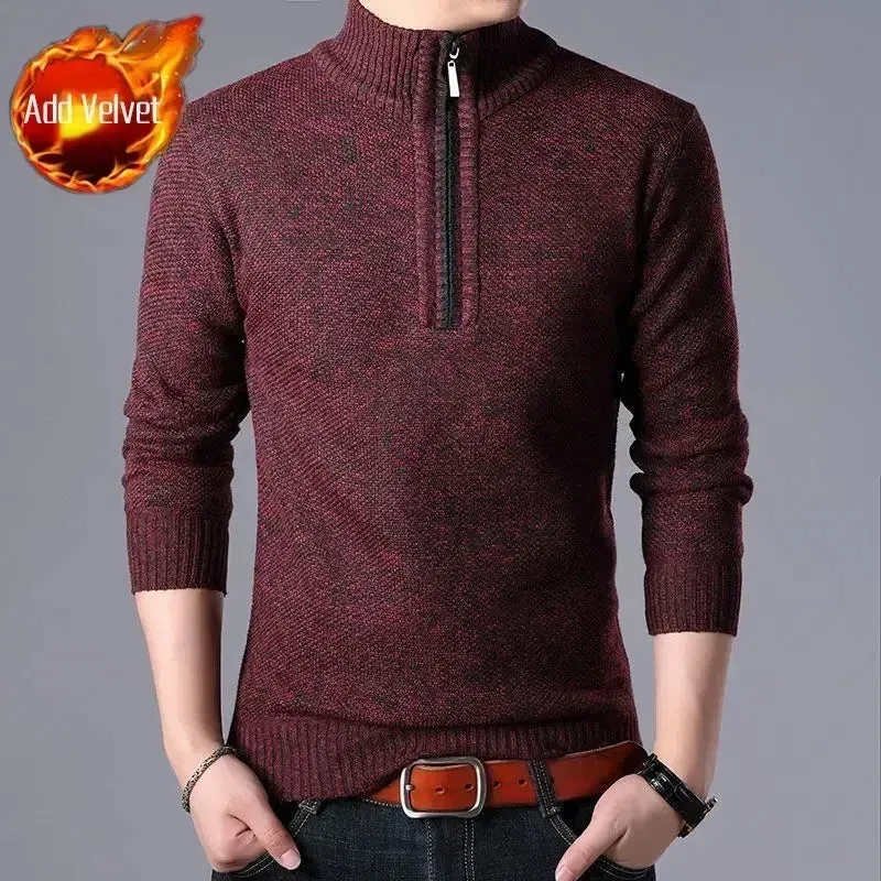 Wiaofellas  -  Knit Sweater Male Zipper Plaid Men's Clothing Cardigan Hoodies Zip-up Thick Winter Red Tops Jumpers Casual Stylish Hot Cheap A