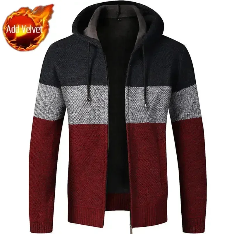 Wiaofellas  -  Knit Sweater Male Zipper Plaid Men's Clothing Cardigan Hoodies Zip-up Thick Winter Red Tops Jumpers Casual Stylish Hot Cheap A