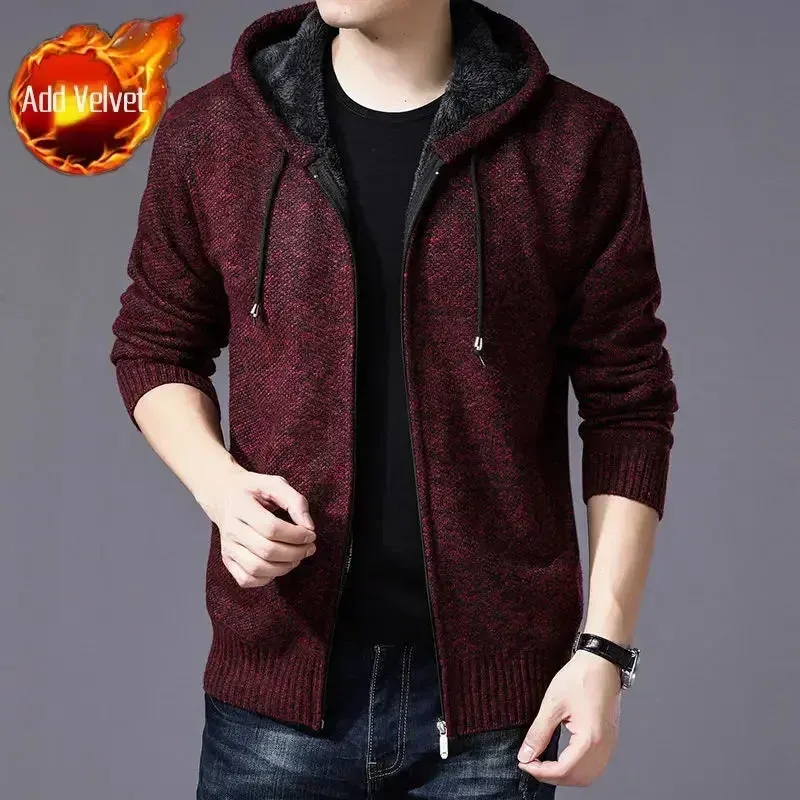 Wiaofellas  -  Knit Sweater Male Zipper Plaid Men's Clothing Cardigan Hoodies Zip-up Thick Winter Red Tops Jumpers Casual Stylish Hot Cheap A