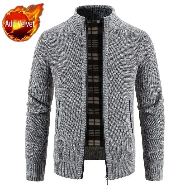 Wiaofellas  -  Knit Sweater Male Zipper Plaid Men's Clothing Cardigan Hoodies Zip-up Thick Winter Red Tops Jumpers Casual Stylish Hot Cheap A