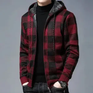 Wiaofellas  -  Knit Sweater Male Zipper Plaid Men's Clothing Cardigan Hoodies Zip-up Thick Winter Red Tops Jumpers Casual Stylish Hot Cheap A